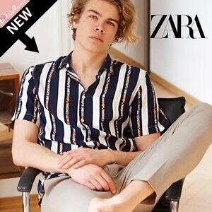 Zara Men's Flag Print Shirt - Size Small Button Down *RARE* NWOT - Navy Striped